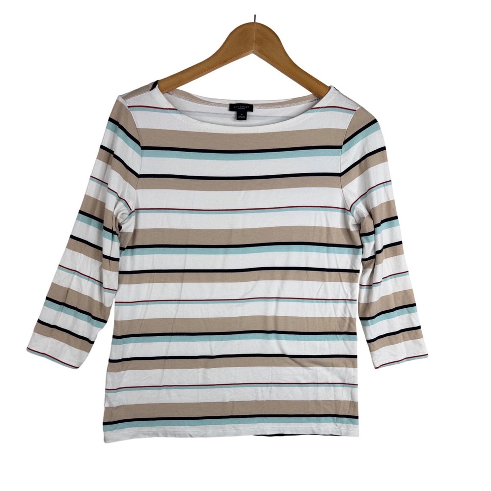 Ann Taylor Striped 3/4 Sleeve Boatneck Shirt size Medium White/Tan‎